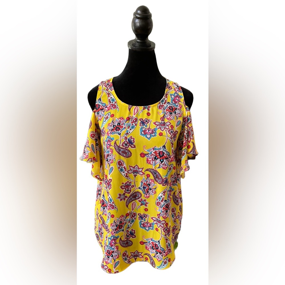 By & By: Yellow Cold Shoulder Paisley Floral Blouse